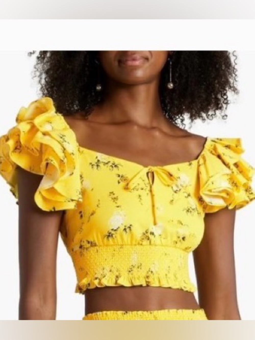 NWT ALICE + OLIVIA Shanae Tie-front Ruffle Sleeve Crop Top Yellow L MSRP $350